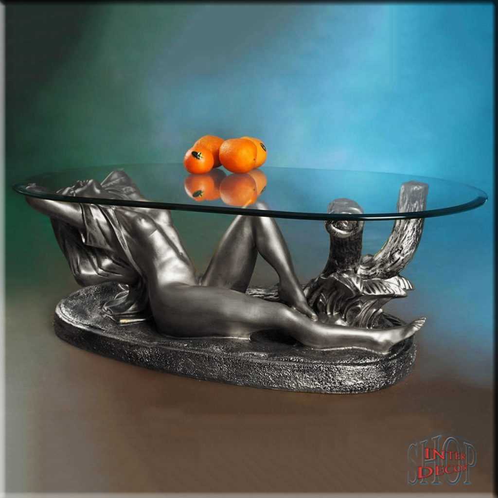 Designer–Couchtisch–Antik–Silber–Frauenfigur–Glastisch–Wohnzimmer-Oval