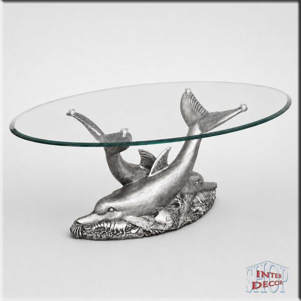 Glastisch-mit-Delfinen-Antik-Silber- Kunstharz- Couchtisch