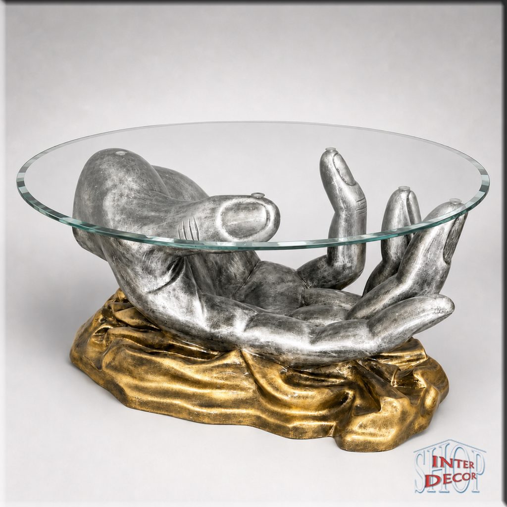 Glastisch-mit-großer-Handfigur-Couchtisch-Antik-Silber-mit-Antik-Gold