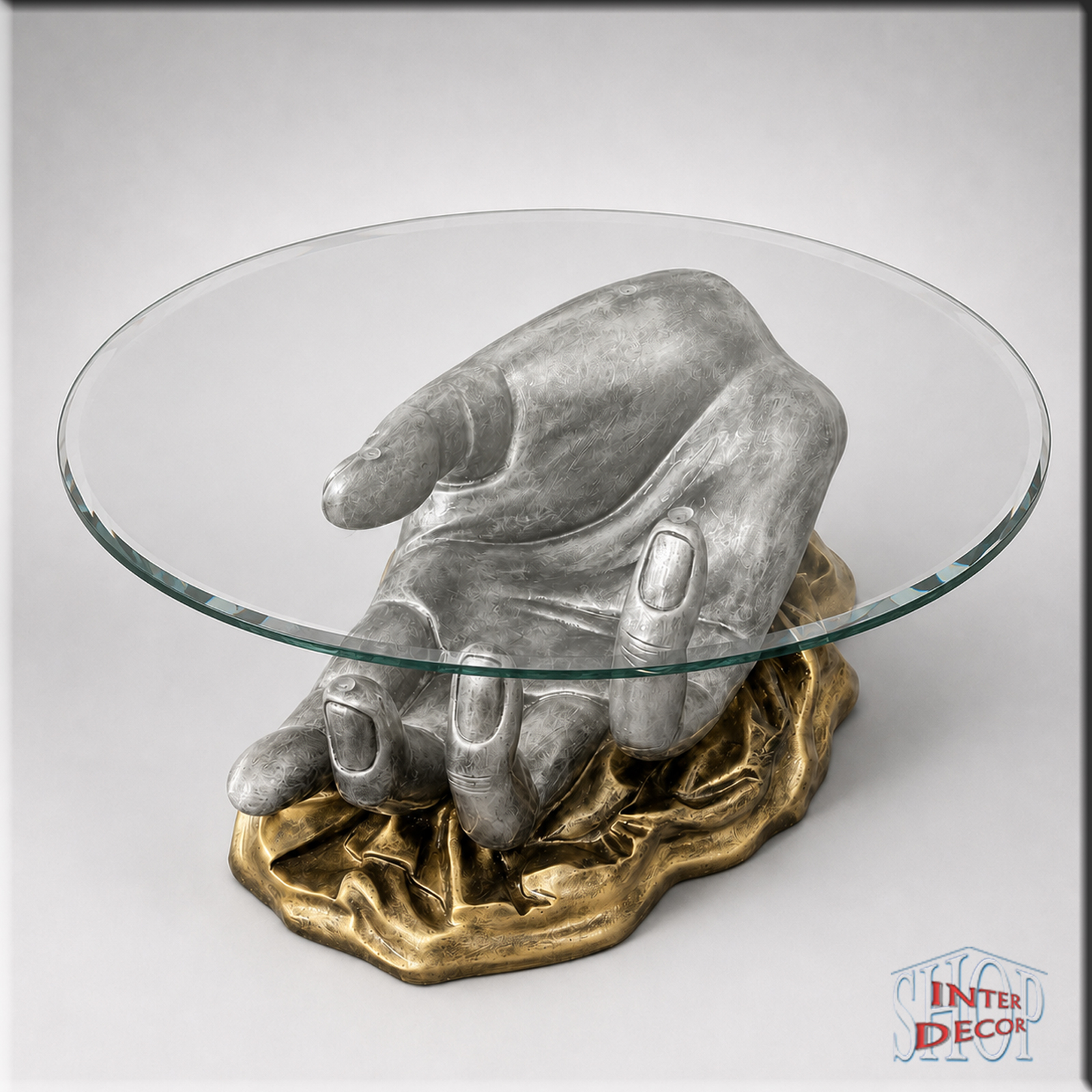 Antiker-Glastisch-in-Vorderansicht-Couchtisch-Antik-Silber-mit-Antik-Gold