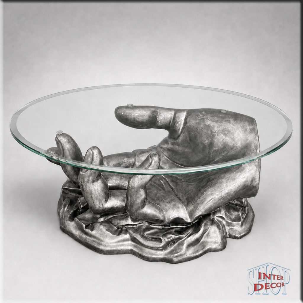 Handbemalter-Glastisch-für-Wohnzimmer-Couchtisch-Antik-Silber