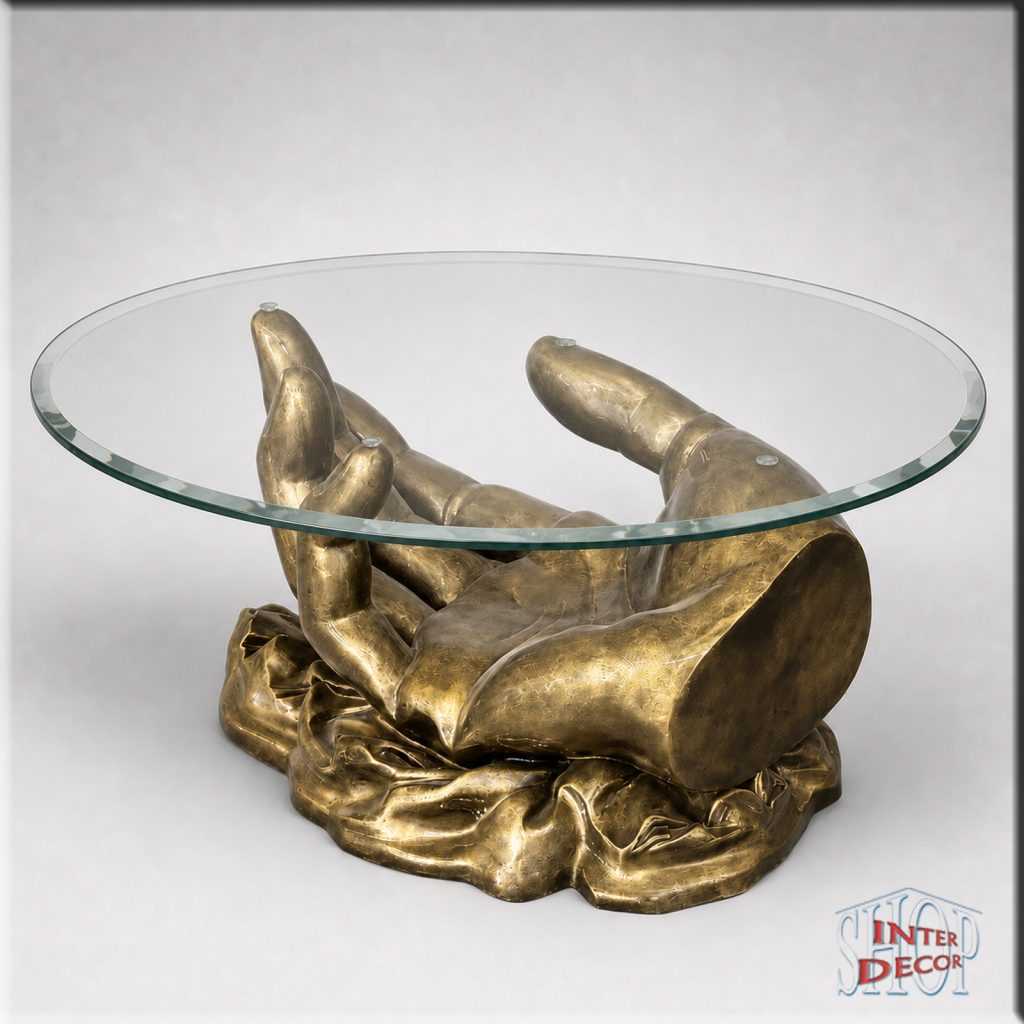 Kunstharz-Couchtisch-mit-Handfigur-Wohnzimmertisch-Antik-Gold