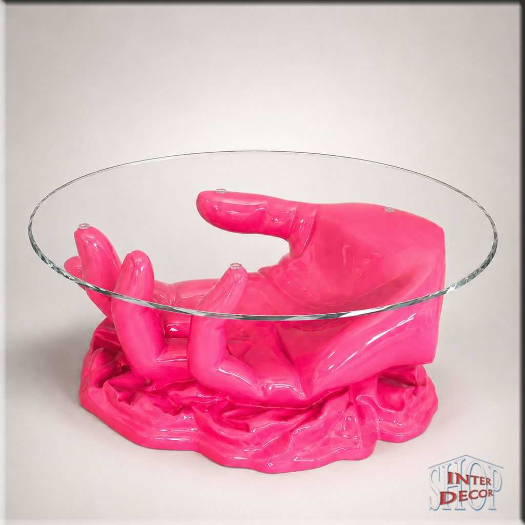 Pop-Art-Glastisch-mit-Hand-Pink-Wohnzimmertisch