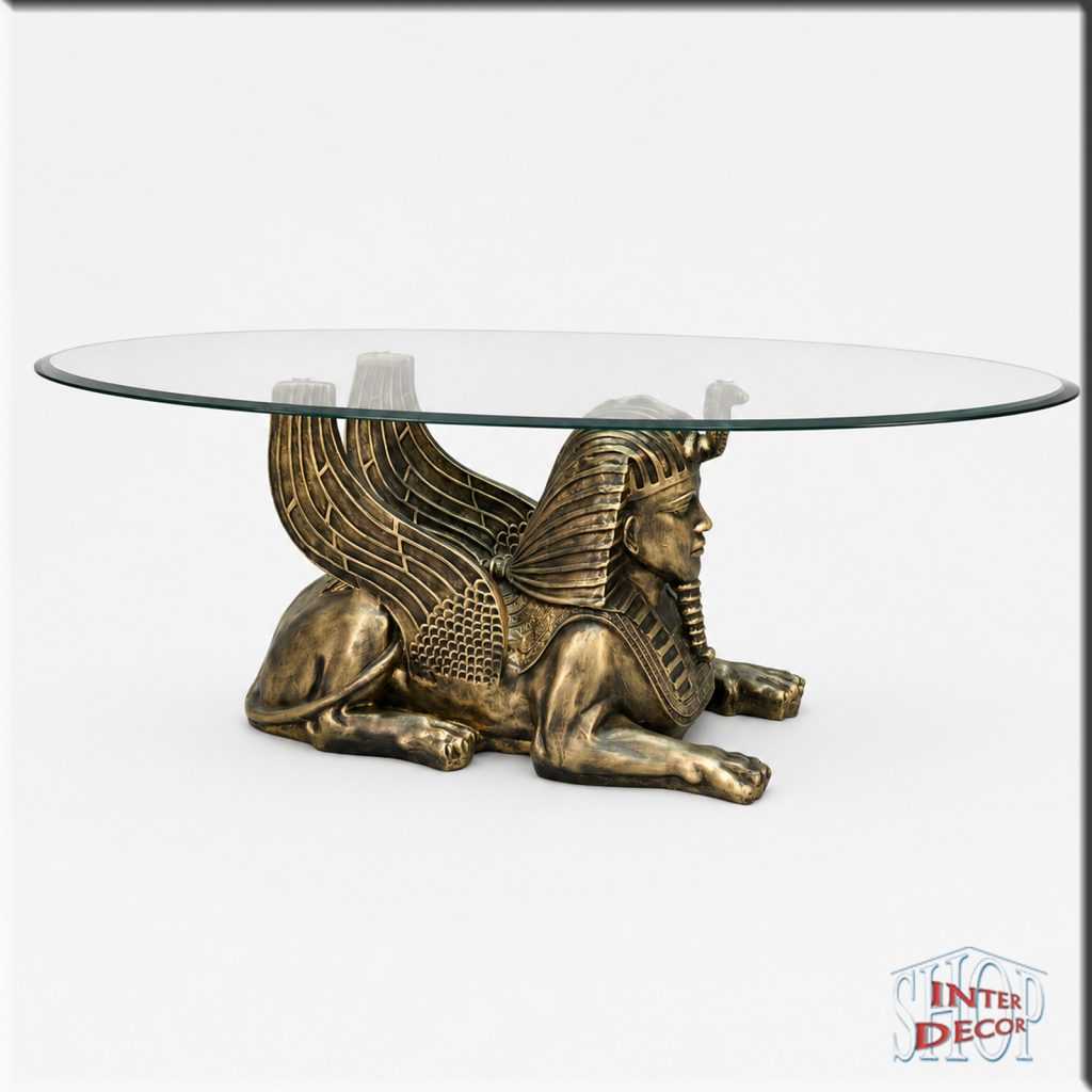 Sphinx-Glastisch-Antik-Gold-mit-großen-Flügeln