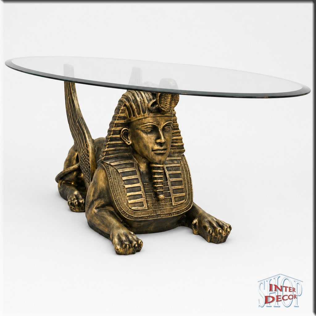 Ägyptischer-Glastisch-mit-goldener-Sphinx-Figur